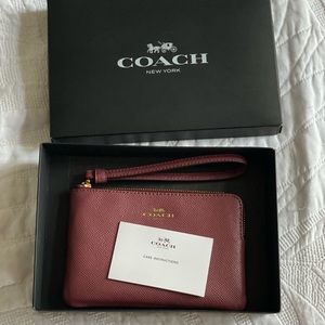 COACH Signature PVC w/Leather Stripe Corner Zip Burgundy Wristlet